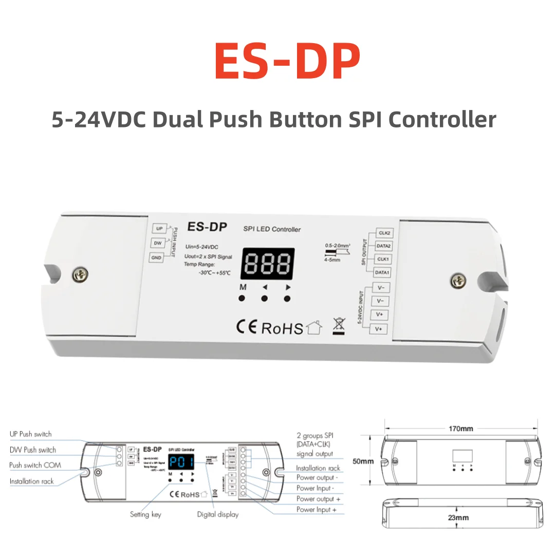 Imagem -06 - Botão Duplo Controlador Spi Dimmer Es-dp Luz da Escada Controlador Ttl para Ws2811 Ws2812 9822 Rgb ou Tiras Led Brancas Dc5v24v