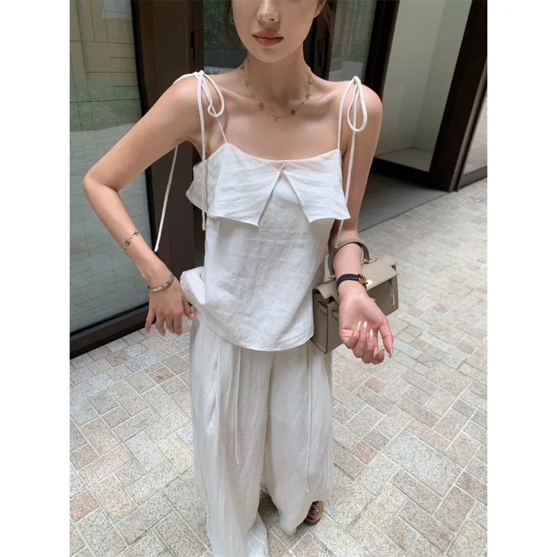 Large Size 145KG  Loose Casual Suit Women's Summer Lotus Leaf Edge Suspender High Waist Wide Leg Trousers Can Be Worn Outside
