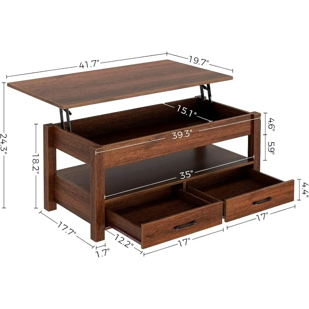 Salontafel, salontafel met hefblad, lades en verborgen compartiment, retro centrale tafel met houten heftafelblad