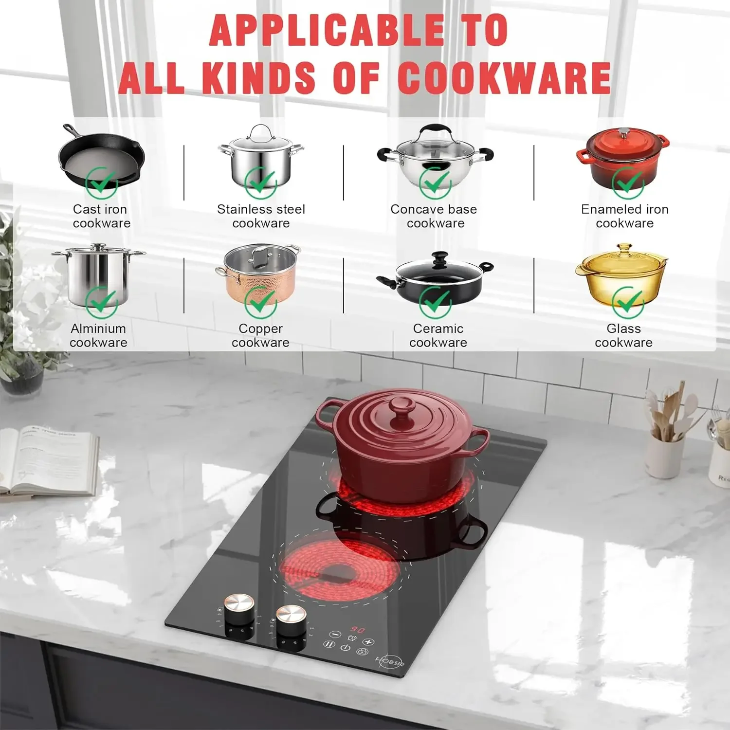 Cooktop, 120v Knob Stove Top, 12 Inch Built-in Radiant  Stove 110v, Ceramic Cooktop with Chil