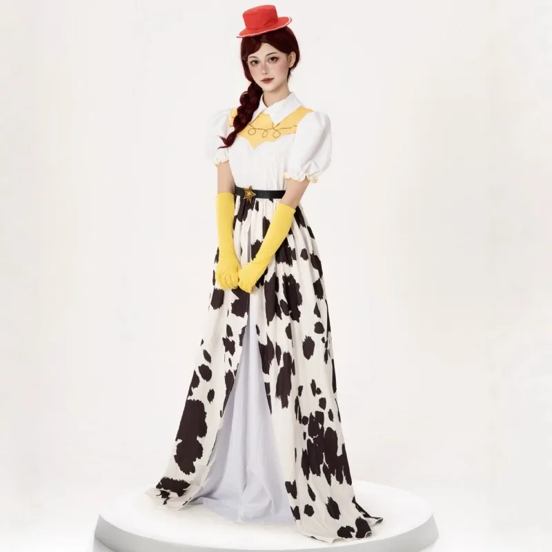 Disfraz de Cosplay para Mujer 2026, Vestido Maxi con Estampado de Vaca, Vestido Blanco con Mangas Abullonadas, Guantes Amarillos y Sombrero Rojo para Fiesta 2026