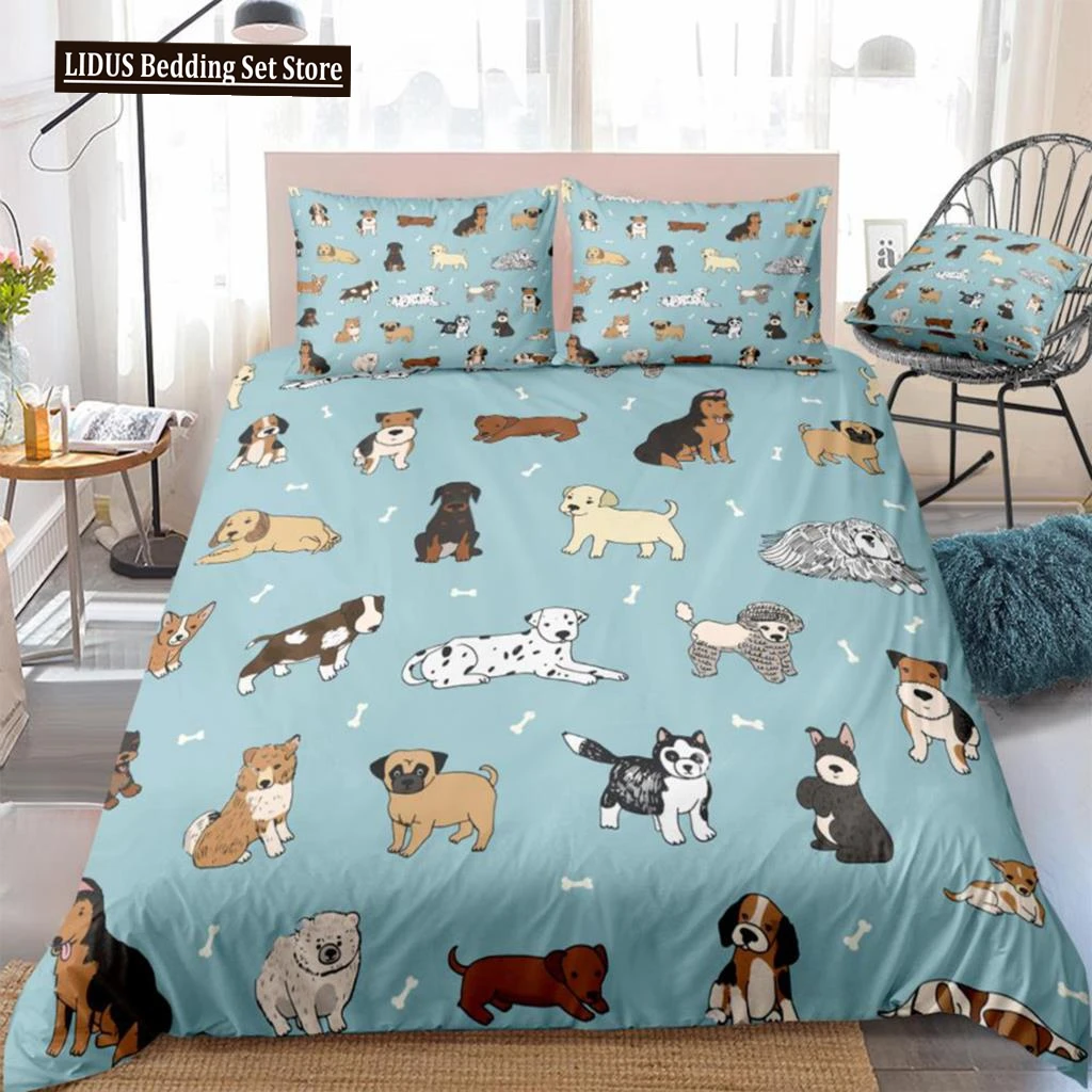 

Puppy Dog Pets Duvet Cover Set Cute Animal Bedding Boys Girls Cartoon Dogs Quilt Cover Queen Home Textiles 3pcs Dropship