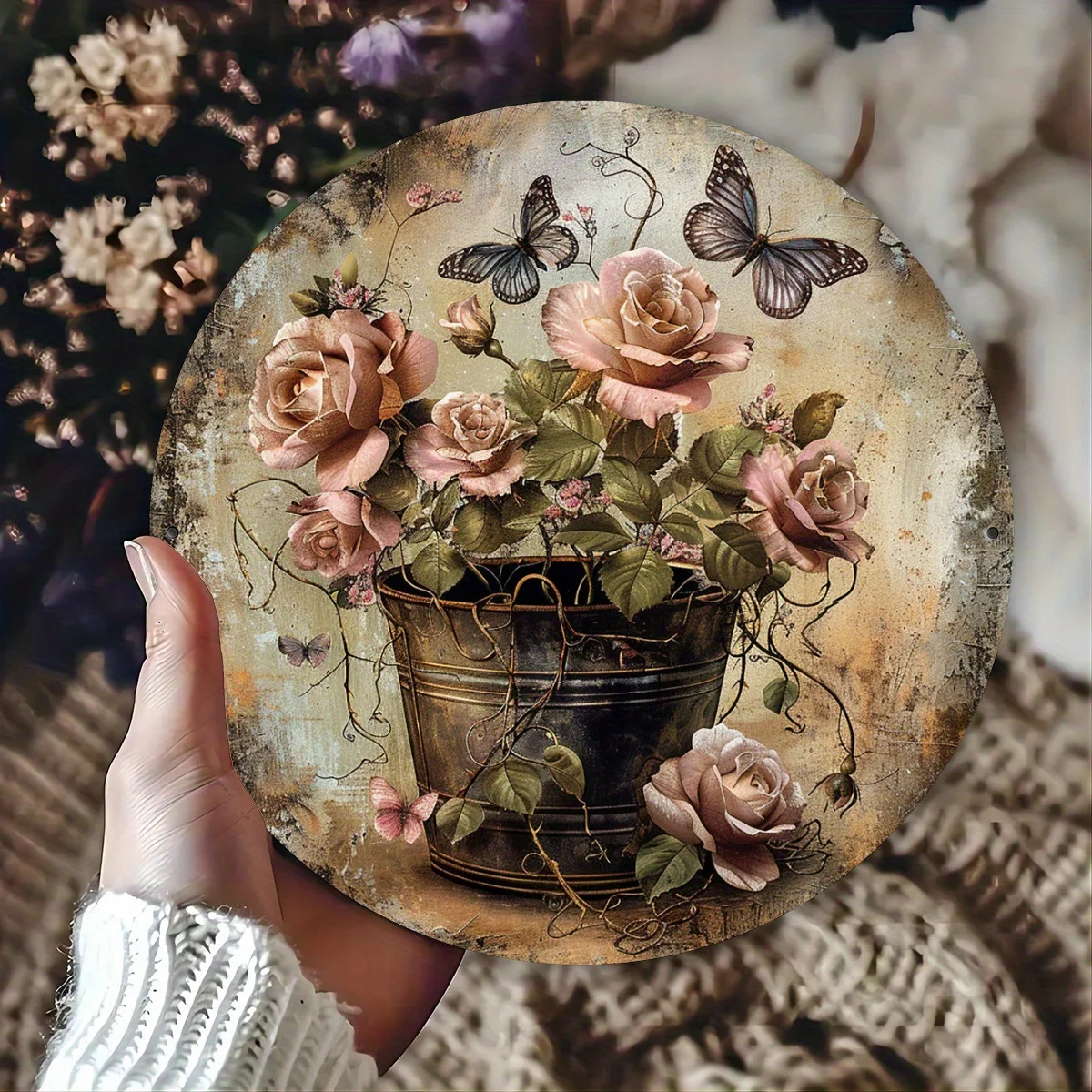 1pc Classic Vintage Floral Metal Wall Art, 8x8inch Aluminum Sign, Multipurpose Indoor/Outdoor Decor, No Electricity Needed, Easy