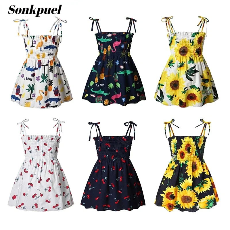 Vestido de verano sin mangas con flores para niñas de 1 a 6 años, vestido de princesa con tirantes para la playa, ropa de algodón para niños, vestidos informales para niñas