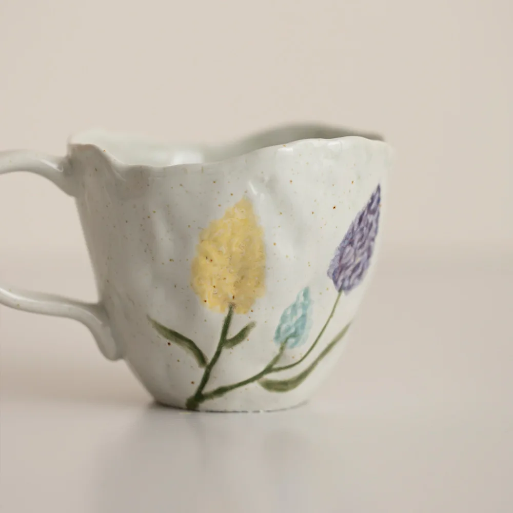 Hand Drawn Tulip Mug, Girls' High-value Artistic Retro Style Coffee Cup, Korean Style Irregular Handmade Specialty Drinking Cup