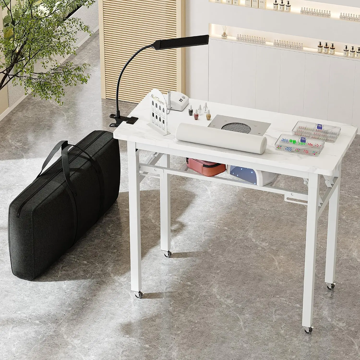 Portable Foldable Manicure Table Dust Collector Rolling Nail Tech Desk LED Light Lamp Wrist Cushion Lockable Wheels Carrying Cas