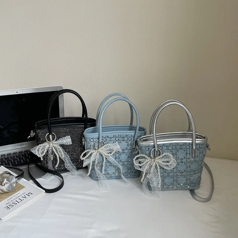 

2025 Designer Bucket Bag for Women - Crystal Embellished Shoulder Tote with Contrast Stitching, Luxury Work & Evening Purse