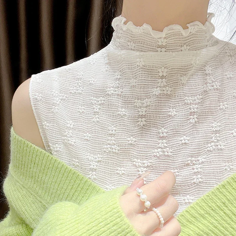 المرأة الكورية نصف الياقة المدورة الزهور الدانتيل سترة الصيف بلا أكمام الدانتيل جوفاء تانك الأعلى