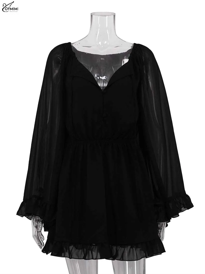 Oymimi Fashion Black Lace-Up Womens Dresses Casual Long Sleeve Button Ruffled Dresses Elegant High Waisted Pleated Mini Dress