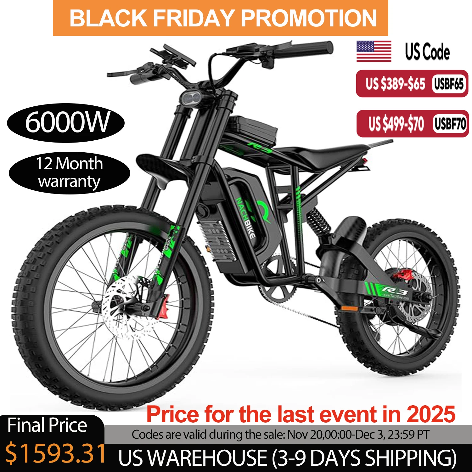 

All-Terrain Electric Motorcycle for Adults 50MPH 6000W Peak With 60V25Ah Battery 50Miles Snowfield Electric Dirt Bike E-Bike