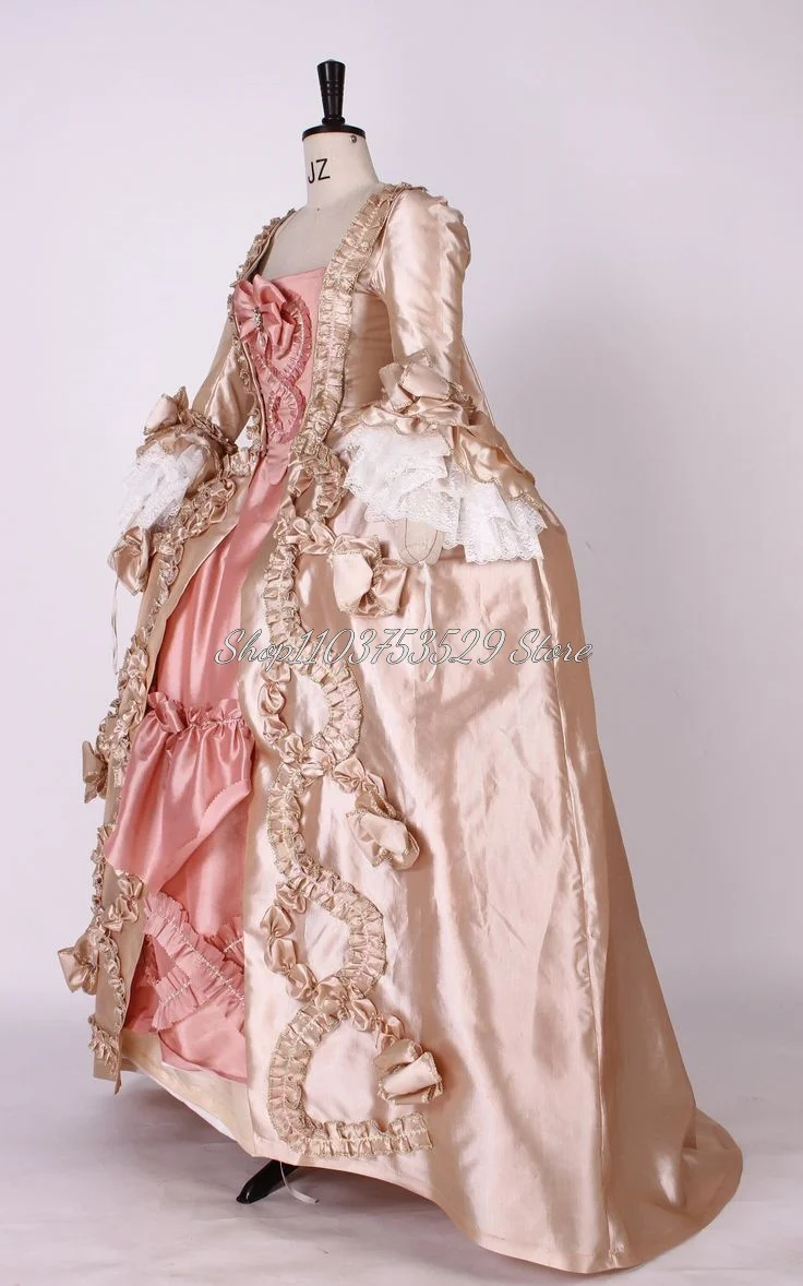 Medieval Europe Marie Antoinette Style Pink Role Play Prom Dress Lace Ruffles Flared Long Sleeve Gowns A-Line Puffy Ball Gowns