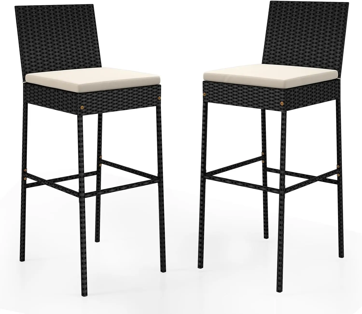 Outdoor Rattan Bar Stools Set of 2, Wicker Bar Chairs | with Backrest, Footrest and Cushion for Patio, Porch, Garden, Balcony, B