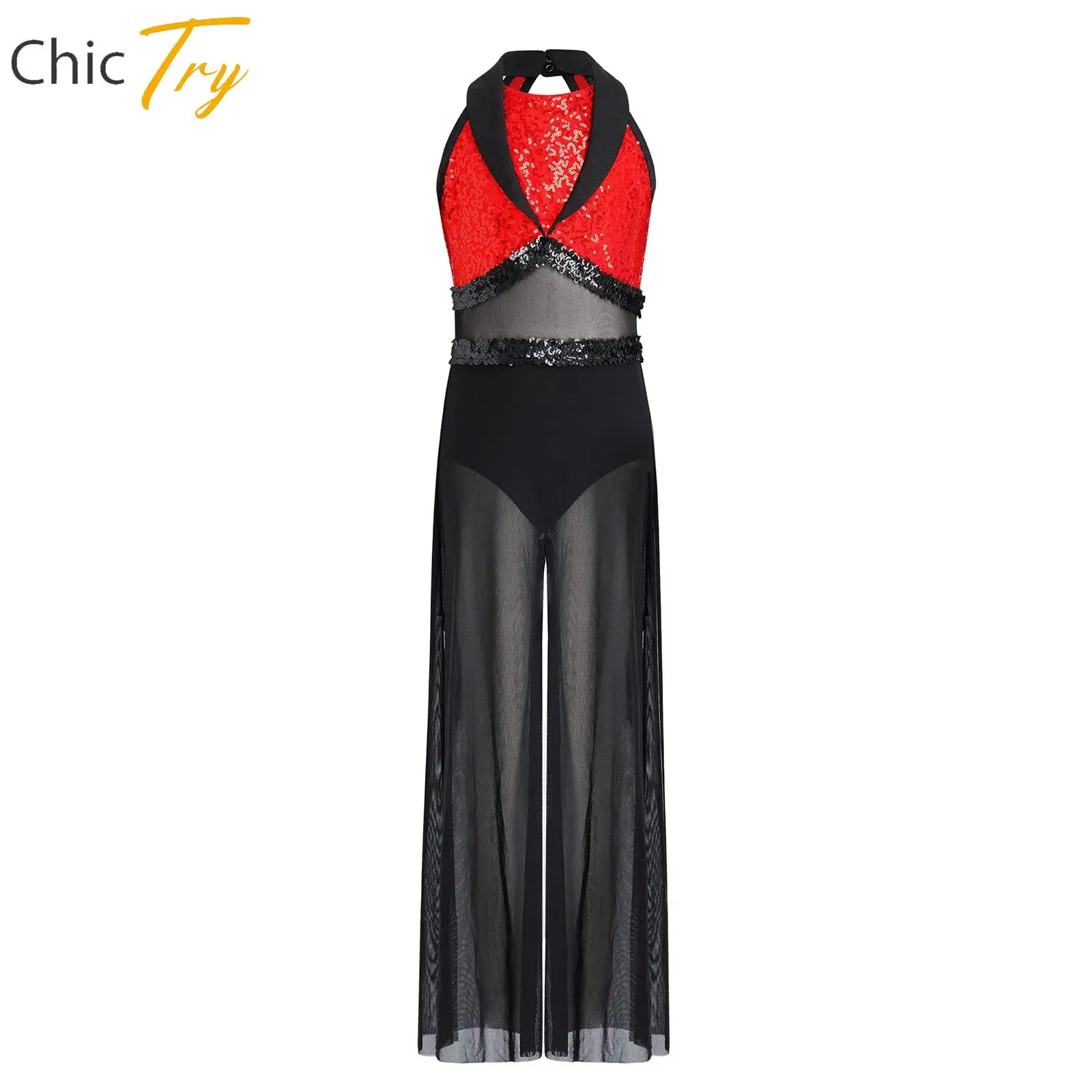 

Kids Girls Sequin Rhythmic Gymnastic Ballet Jumpsuit Dresses Sleeveless Wide-Leg One-piece Dance Modern Contemporary Costume