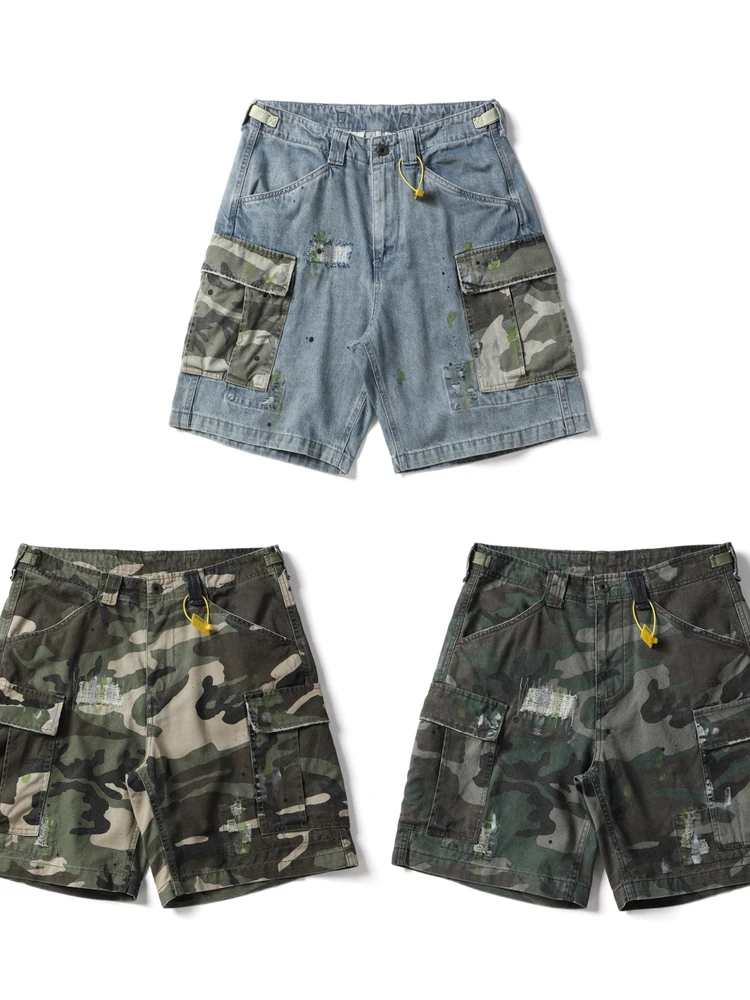 

Heavy Duty Washed Vintage Destroyed Patchwork Spattered Ink Camouflage Denim Workwear Multi Pocket Five Inch Shorts Trendy