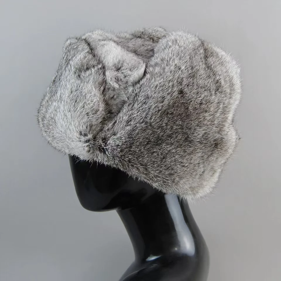 Chapeau de bombardier en fourrure de lapin véritable pour homme, coupe-vent, cache-oreilles chauds pour homme, plat, gris, noir, chapeau russe ajusté, CasAdvantages, hiver, 100%