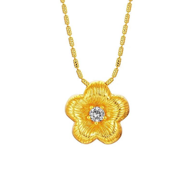 Genuine 18 K Gold Color Fashion Drawing Process with Diamonds Flower Pendant Collarbone Necklace for Women Fine Jewelry Gifts