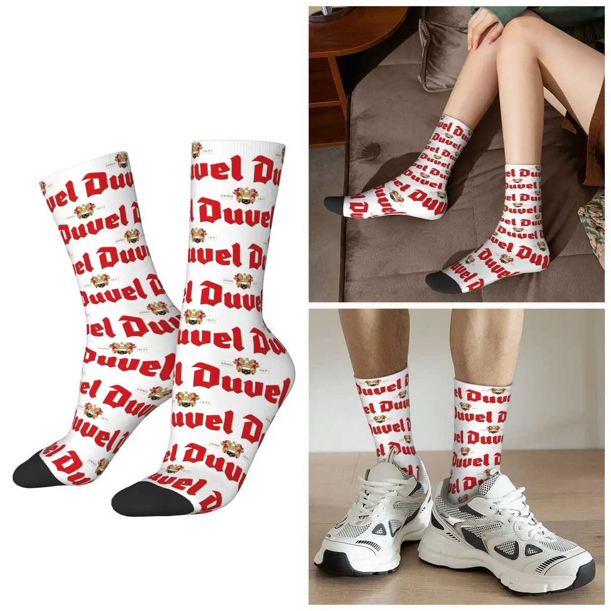 All Seasons Custom Duvels Logo Socks Harajuku Crew Socks Hip Hop Stockings for Men Women Valentine's Day Gifts