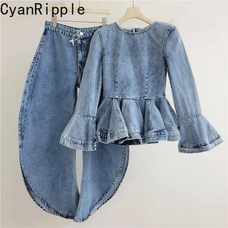 New Autumn Washed Women Denim Set Elegant Ruffles Round Neck Flare Sleeve Pullover Top High Waist Irregular Split Wide Leg Jeans