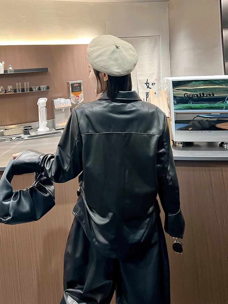 Casaco Casual Feminino de Couro Genuíno Versátil, Jaqueta de Couro de Pele de Carneiro, Tendência de Outono e Inverno