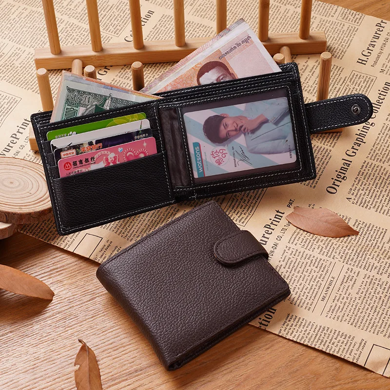 2025 Men's Short Cowhide Wallet Head Layer Zipper Hasp Wallet New Change 2 Fold Wallet Wholesale