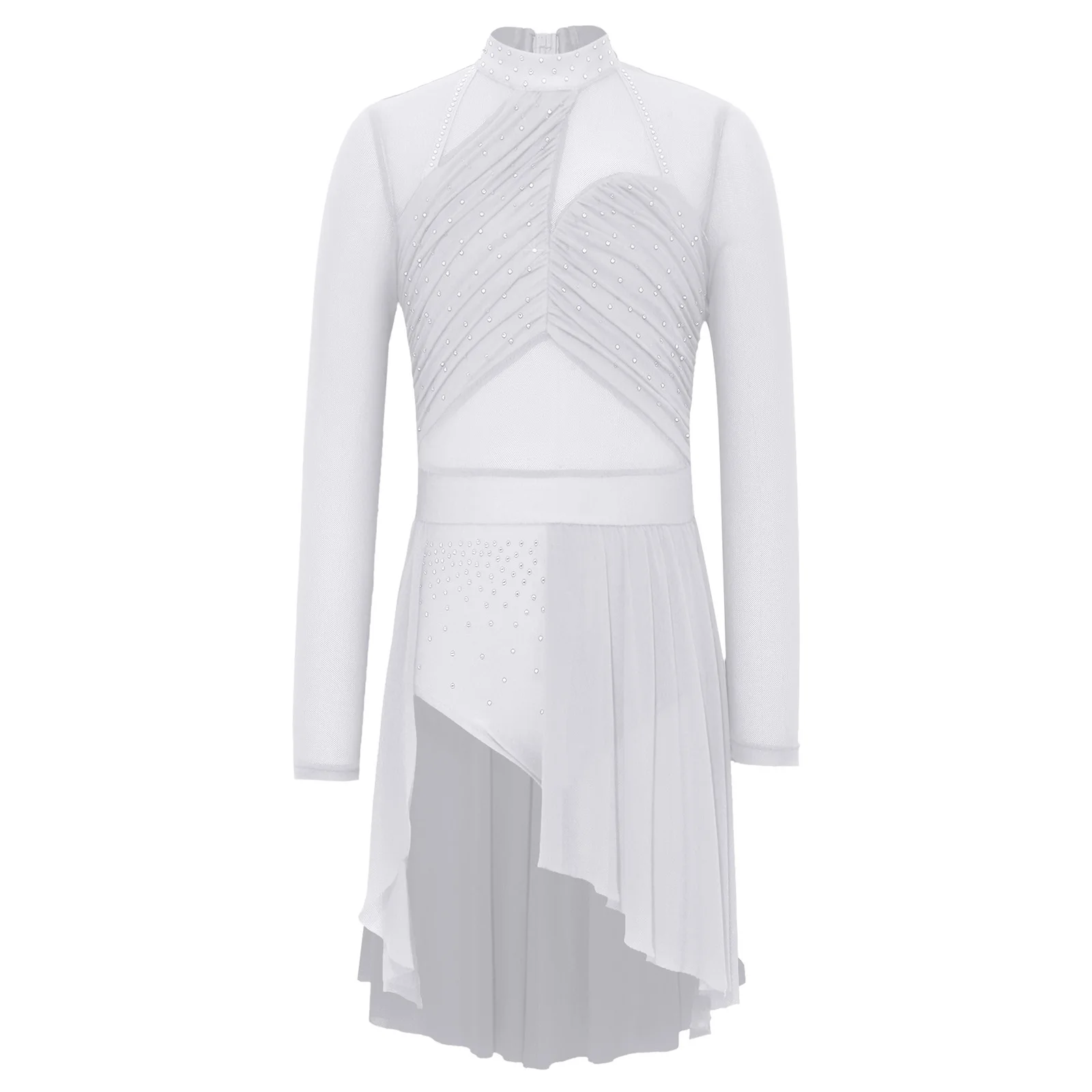 

Kids Rhinestone Lyrical Modern Dance Dress Long Sleeve Ruched Bodice Asymmetrical Split Mesh Hem Dresses for Skating Performance