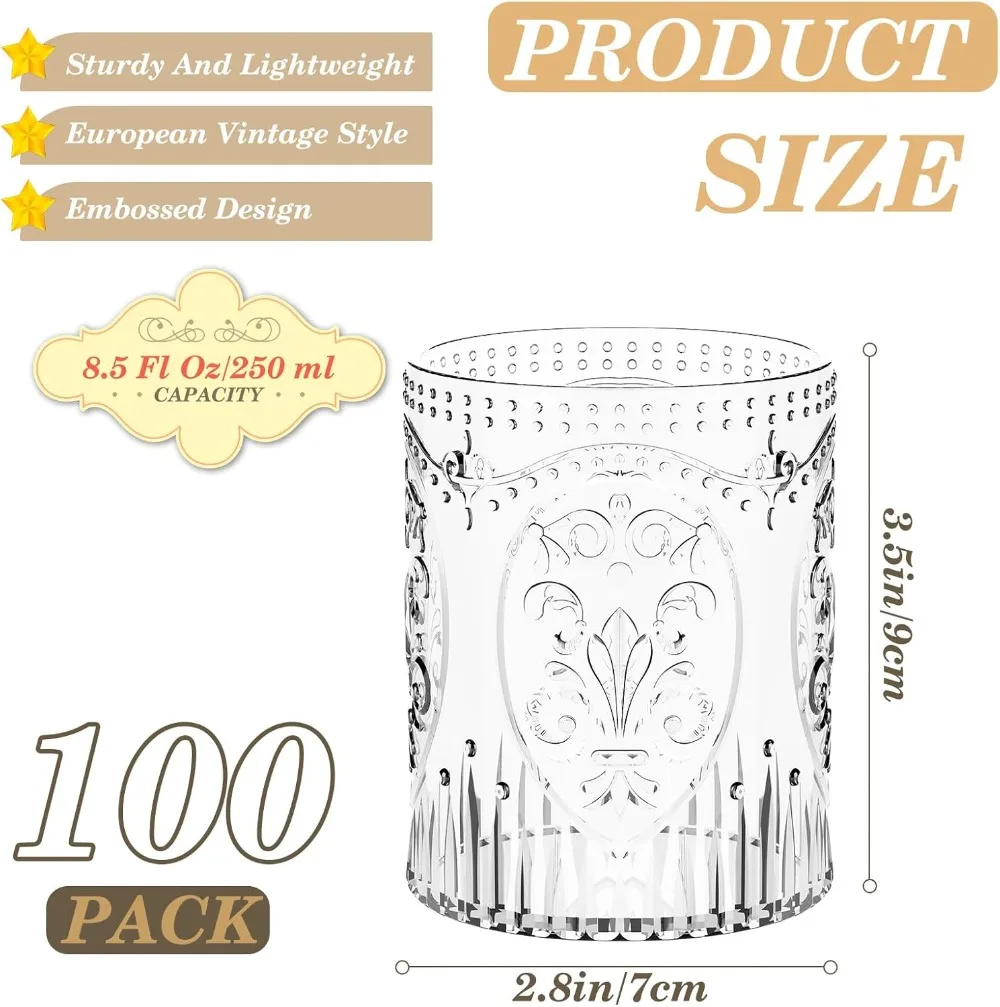 

100 пластиковых винтажных тисненых бокалов для вина, небьющиеся чашки на 8,5 унций для свадебных мероприятий