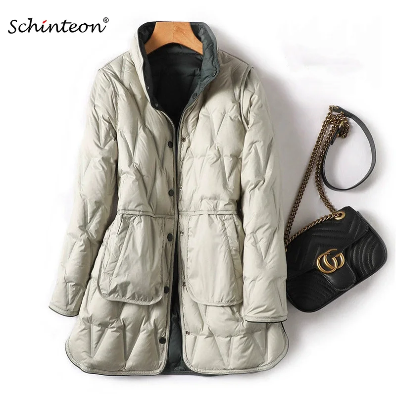 

Женская ультралегкая длинная куртка Schinteon из белого утиного пуха, двусторонняя, с узором аргайл, осенне-зимняя, приталенная, верхняя одежда, новинка 2026 года
