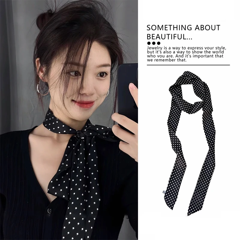 여성용 좁은 긴 스카프, 폴카 도트 타이 백, 리본 머리띠, 초커 스트리머, 레이디 액세서리, 190x4.5cm