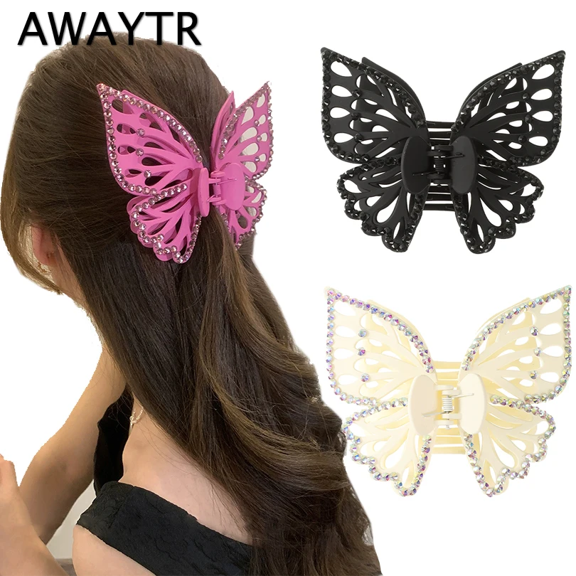 AWAYTR Double-layer Arcylic Butterfly Hairpin Fashion Rhinestones Hair Claw Big Hairpin Crab Headband Clips Hair Accessories