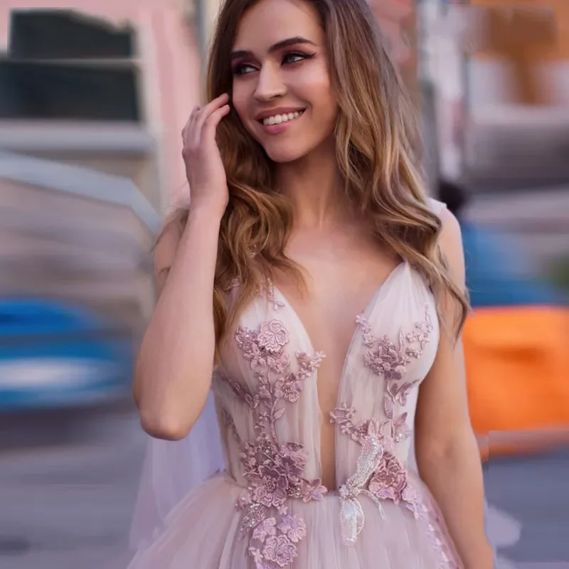 Vestido de novia de princesa con flores 3D, sin mangas, apliques de encaje, tul, ilusión rosa, Turquía, 2024