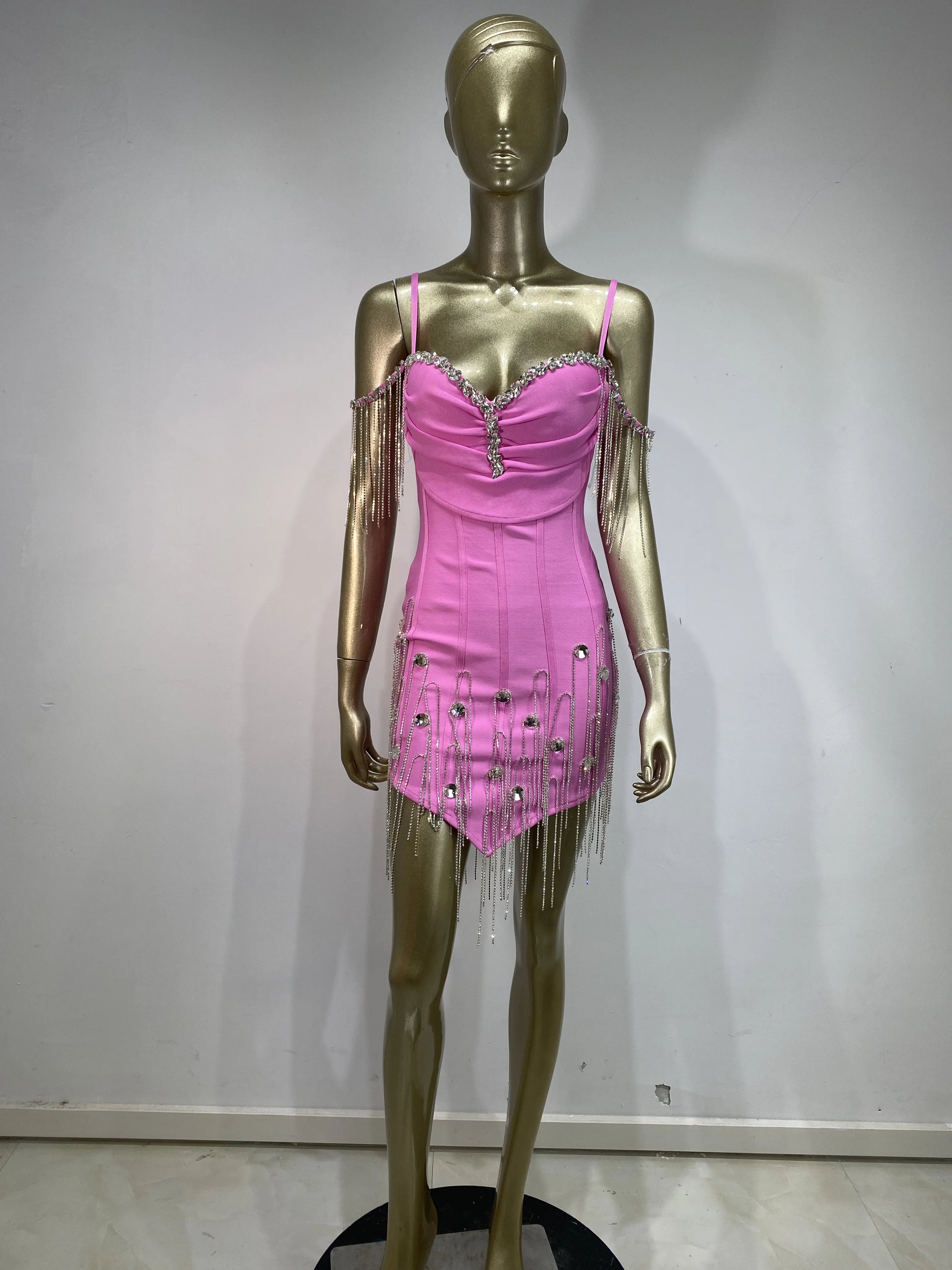 Women Luxury Birthday Dress Pink Spaghetti Strap Diamonds Tassel V Neck Bodycon Mini Celebrity Evening Club Party Dresses