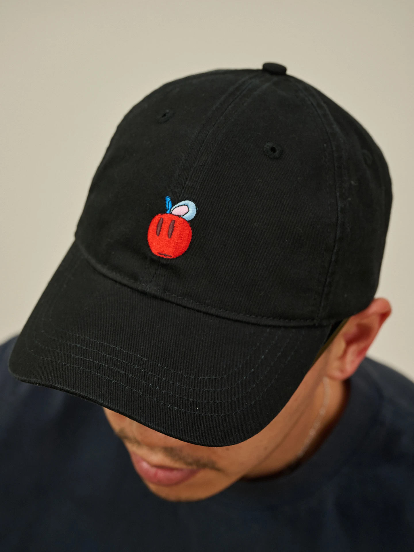 Washed Cotton Cap with Embroidered Fruit Design Adjustable Retro Style Casual Unisex Hat with Curved Bill for All Seasons