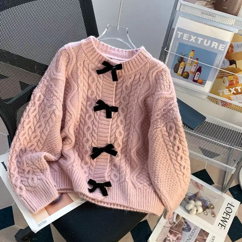 Autumn Winter Clothing Korean Chic Cardigan Jackets Women Pull Femme O-neck Bow Sweet Sueter Mujer Thicked Knitted Sweater Tops