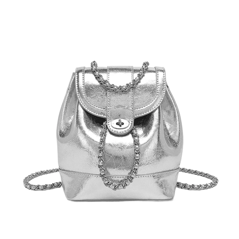 Excellent Backpack Women's South Korea Niche Retro Chain Style silver Bucket Backpack Large-capacity Bag