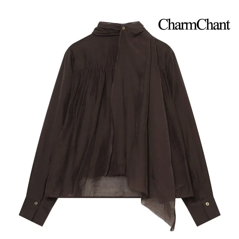 CHARMCHANT Womens Long Sleeve Blouse Drape High Neck Button Front Asymmetric Hem Sheer Fabric Relaxed Fit Fall 2026