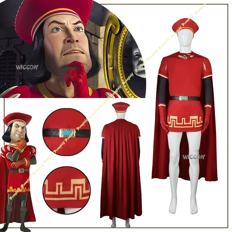 Shrek FILm Anime Cosplay Costume Farquaad Red Wig Cape Suit Glove Boys Men Daily Clothe Hat Cool Belt Sleeve Christmas Halloween