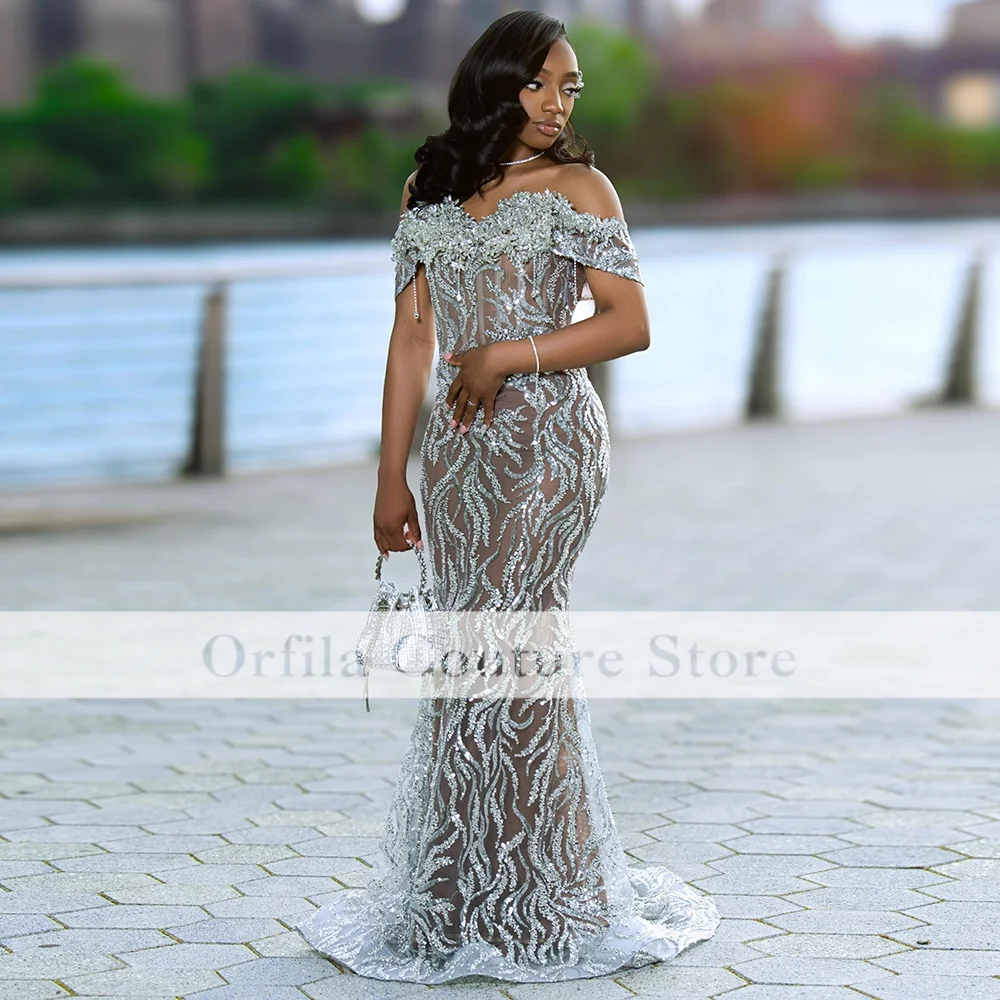 Silver Prom Dress Mermaid Rhinestone Beaded Glitter Long Evening Party Gown Black Girl Birthday Dress Customized