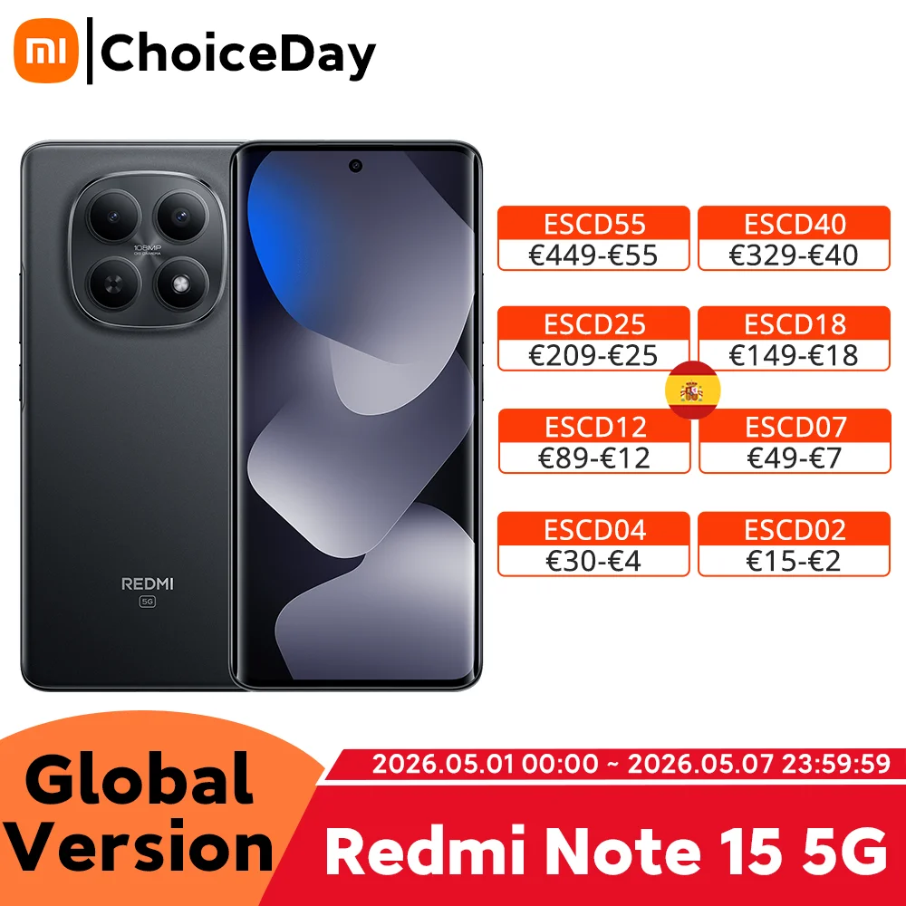 Versión Global del Teléfono Inteligente Redmi Note 15 5G, Batería de 5520 mAh, Carga Rápida de 45 W, Cámara Principal de 108 MP, Pantalla AMOLED de 6.77 Pulgadas y 120 Hz, Teléfono Móvil Xiaomi