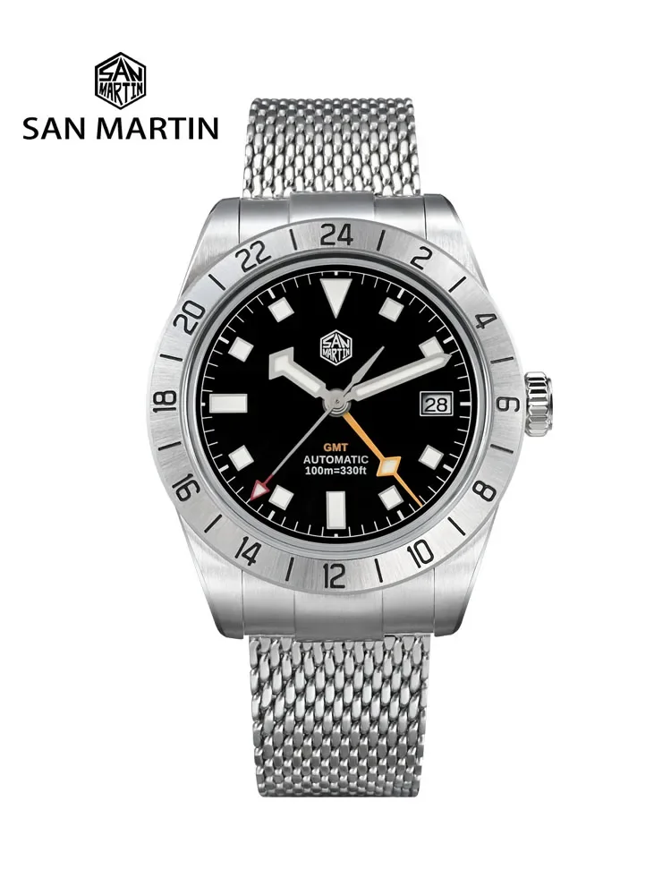 San Martin New 39mm GMT Watch Luxury Sport Watches NH34 Automatic Mechanical Mesh Milanese Bracelet Waterproof 10Bar BGW SN0135