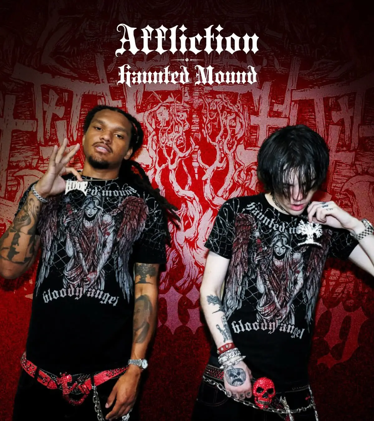 

Affliction x Haunted Mound bloody angel graphic t shirts high street oversized t shirt cotton short sleeved couples y2k top