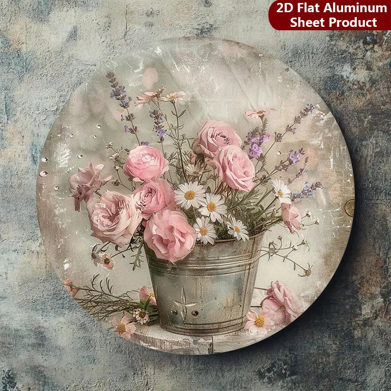 2D Flat Single-piece Assembly, Vintage Barrel Round Sign, Soft Rose Vintage Decorative Plaque, Lavender Bouquet Porch Decoration