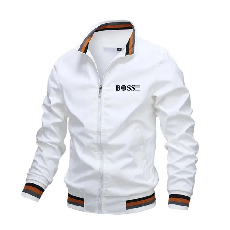

Men Striped Trim Collared Jacket Letter Print Pocket Design Casual Pilot Style Coat