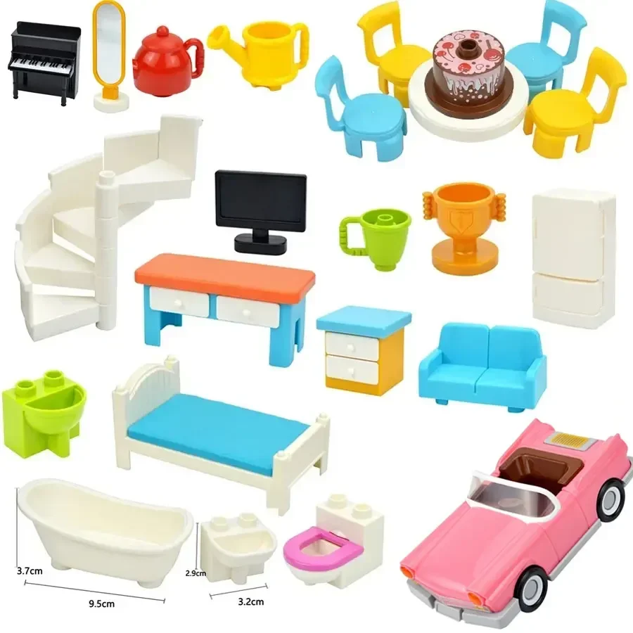 Big Size Building Blocks City Furniture Desk Chair Bed Sofa Bathroom Kitchen House Accessories  Figuers Brick Toys Duploes