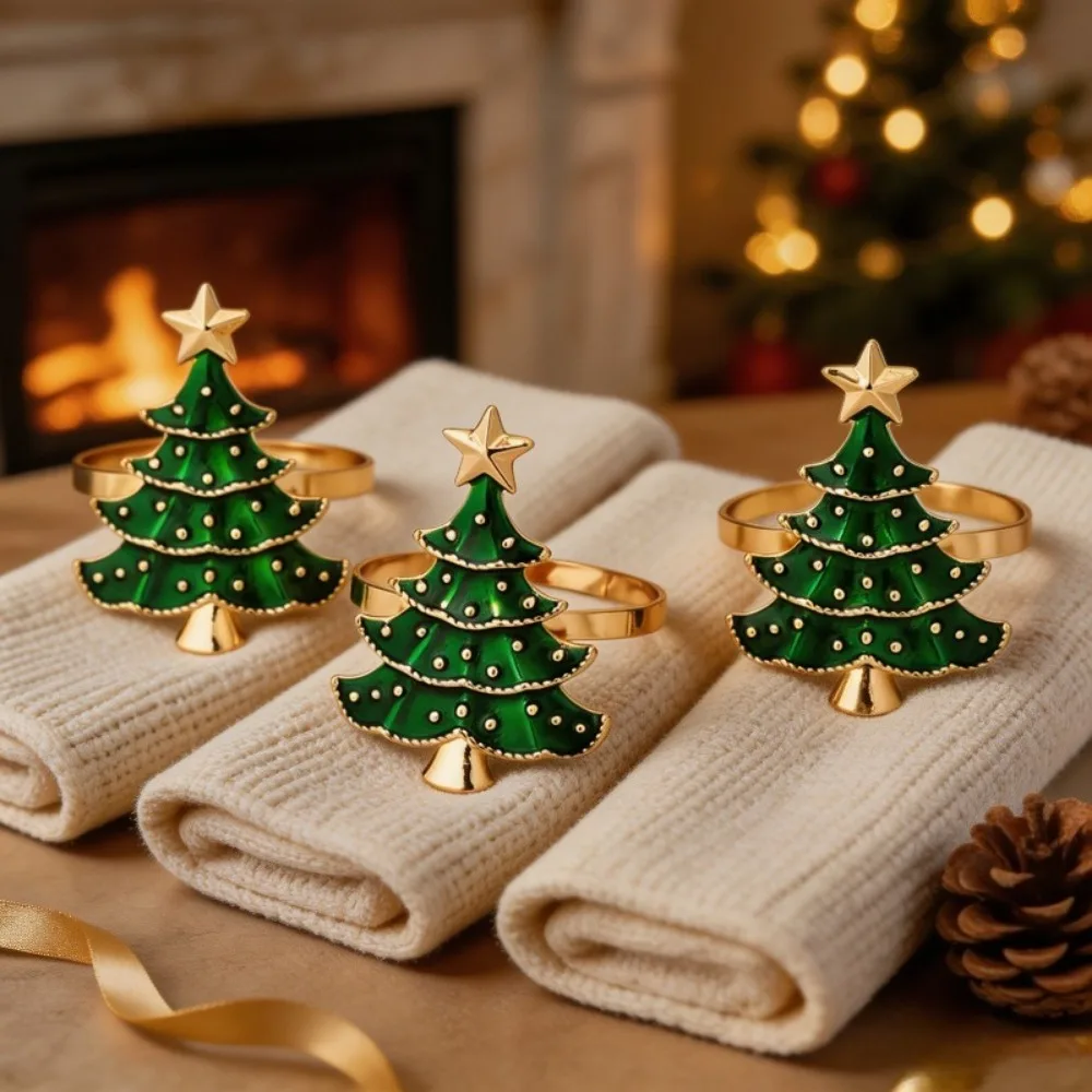12-48 Pcs Christmas Tree Napkin Ring Holder Green Enamel Gold Star, Xmas Holiday Wedding Dinner Party Table Decor Favor Supplies