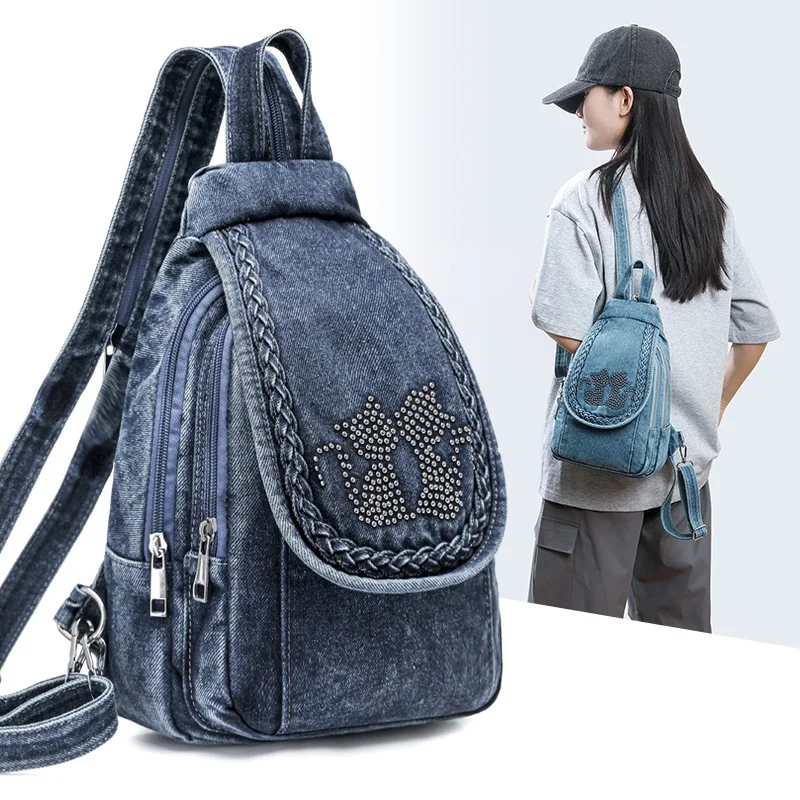 Embroidery Flowers Women Backpack Small Denim Backpacks for Girls Teenagers Female Shoulder Bag Chest Pack Black Bolsa