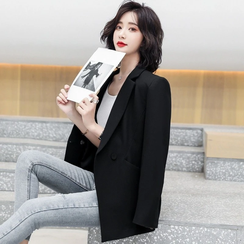 Women's Black Turned Cuffs Check Blazer Spring Autumn High End Slim Fit Casual One Button Suit Jacket for College Interviews