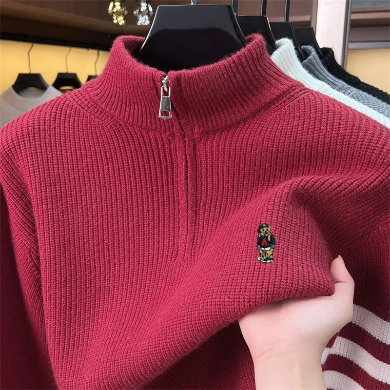Trendy Men's Sweater Classic Striped Winter New Cartoon Bear Embroidery High-End Brand Zipper Mock Neck Casual Knitted Pullover
