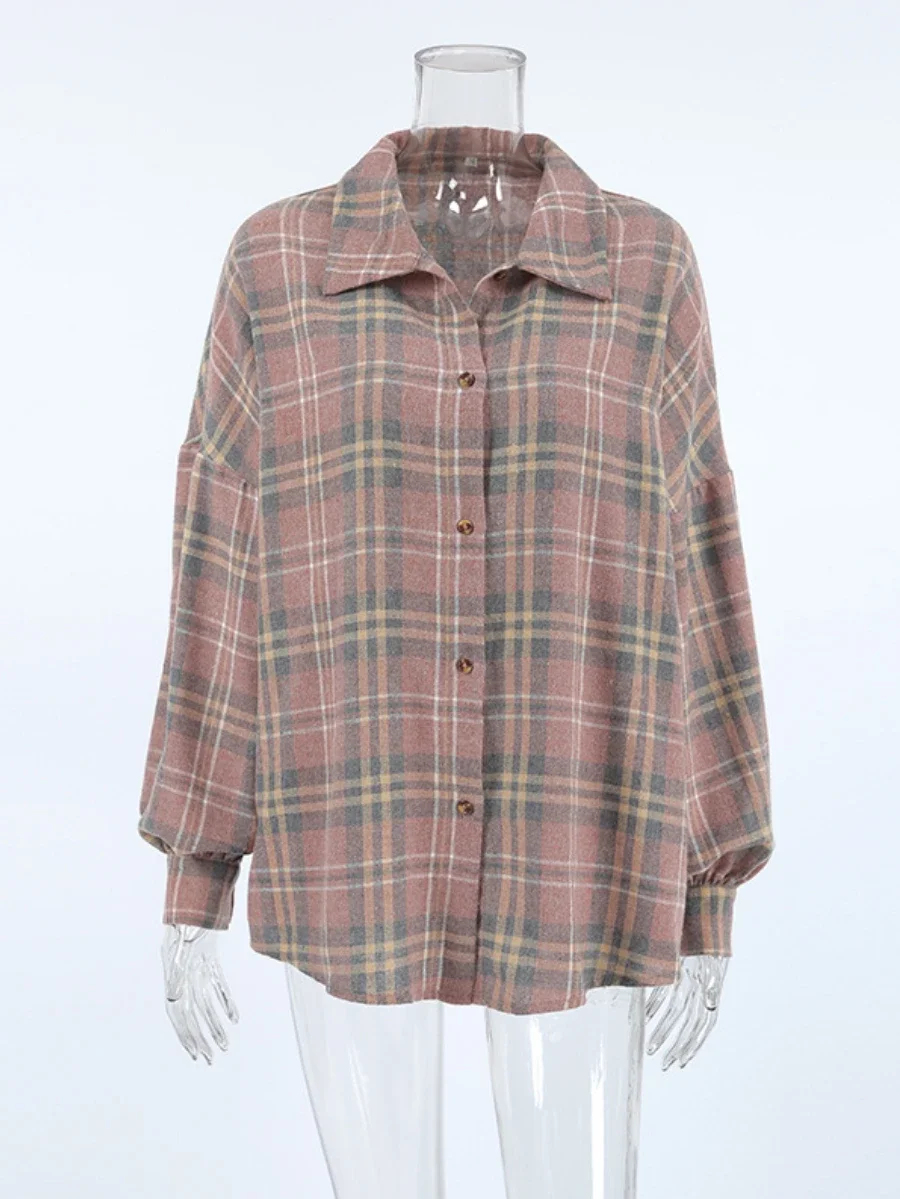 Bornladies New Pink Vintage Loose Plaid Women Shirt Fashion Lapel Long Sleeve Office Lady Blouses Retro Tops Female Clothing