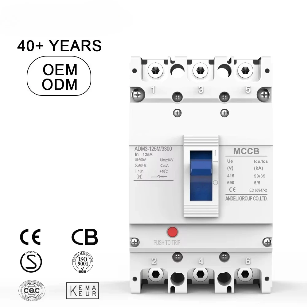 

ADM3-125M-3300 3-Pole 4-Pole MCCB Circuit Breaker 35kA Breaking Capacity 400/690V Rated Voltage 50/60Hz AC Moulded