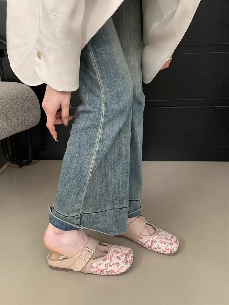 

2025 Spring New Ladies Wrap Toe Slippers Mesh Square Head Square Toe Flat Bottom Front Buckle Flower Gentle Casual Women's Shoe